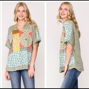 Patchwork Floral Boxy Tunic in Olive Green and Blue